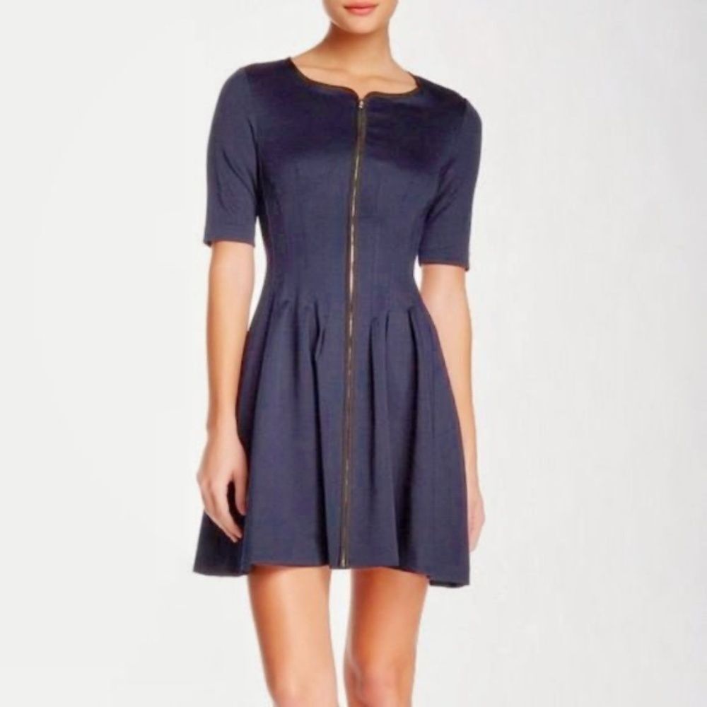 Betsey Johnson‎ Navy Front Zip Black Trim Skater Dress Sz 10